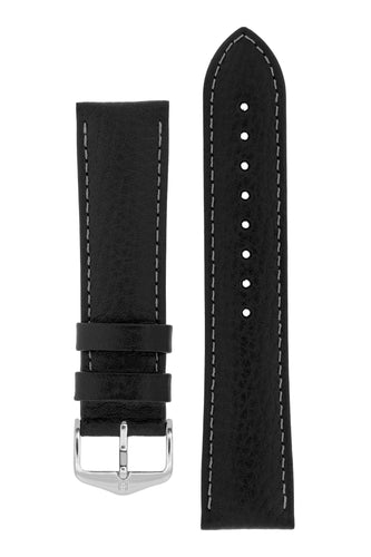 Hirsch Forest Tanned Buffalo Calfskin Leather Watch Strap in Black (with Polished Silver Steel H-Standard Buckle)