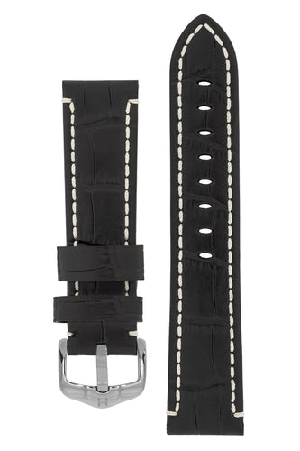 Hirsch Knight Alligator Embossed Leather Watch Strap in Black (with Polished Silver Steel H-Active Buckle)