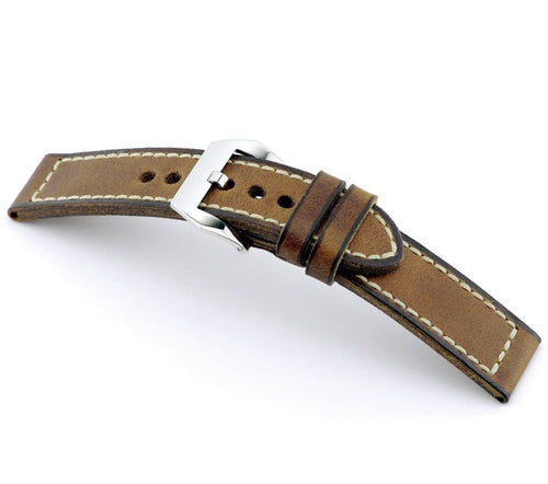 Rios1931 MANCHESTER Vintage Leather flat Watch Strap GOLD BROWN AND BUCKLE 22MM