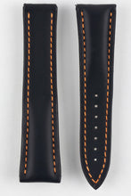 Load image into Gallery viewer, Two black Omega leather watch straps with orange stitching on a white background