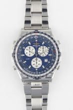 Load image into Gallery viewer, A front-facing studio shot of a Breitling Jupiter Pilot Quartz watch on a white background, showing the blue dial and stainless steel link bracelet.