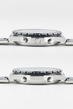 Load image into Gallery viewer, Two horizontal side-profile views of a stainless steel Breitling Jupiter Pilot watch case, showing the crown, chronograph pushers, and the textured edge of the rotating bezel.