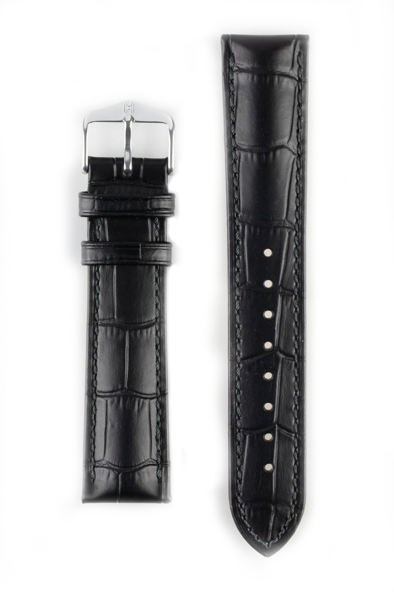 Hirsch Duke Black Leather Watch Strap Pewter and Black UK Pewter Black