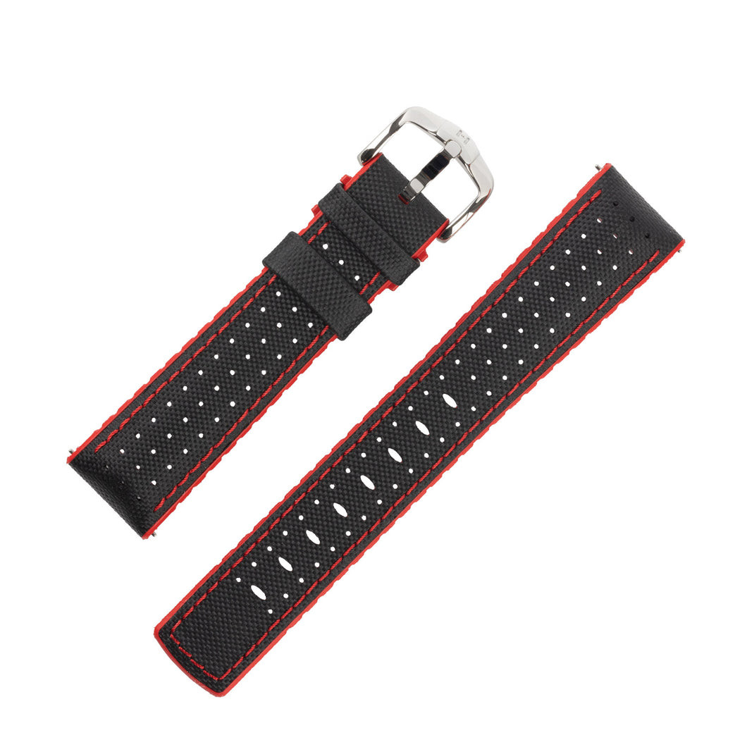 Hirsch Robby Sailcloth print leather and rubber Watch Strap in BLACK / RED 20 mm