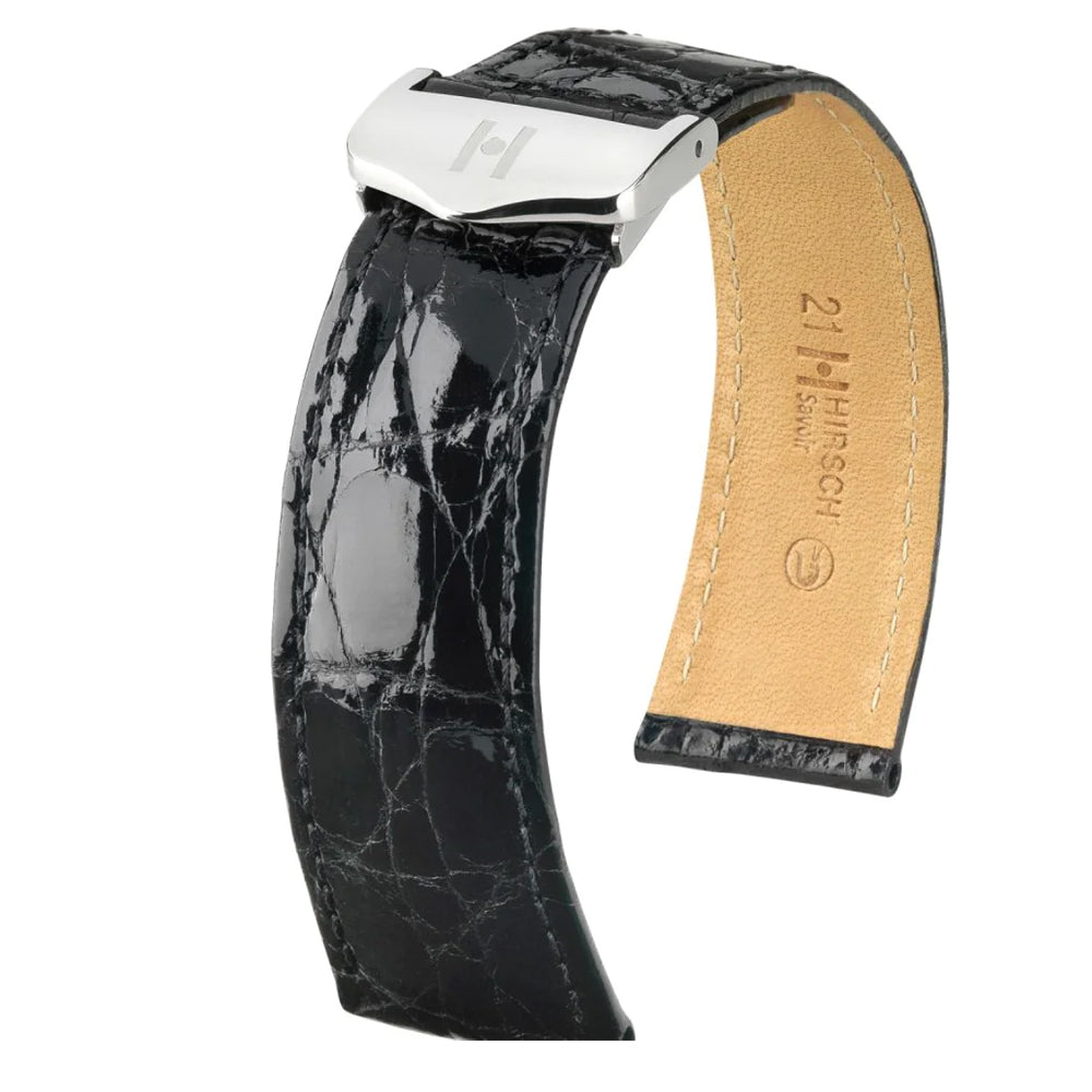 Hirsch SAVOIR Alligator Flank Double Fold Deployment Watch Strap SHINY BLACK