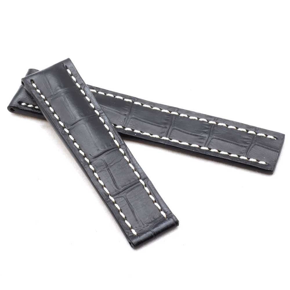 Marino Deployment : Alligator-Embossed Leather Watch Strap BLACK
