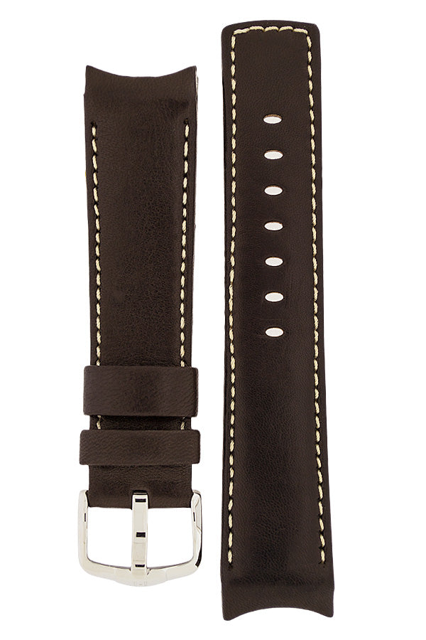 Hirsch MEDICI CURVED ENDED Leather Watch Strap in BROWN / CREAM 18mm - Pewter & Black