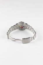 Load image into Gallery viewer, An angled view of the open stainless steel bracelet and case back of an Oris Aquis Date, showcasing the exhibition window and the signature red Oris automatic rotor.