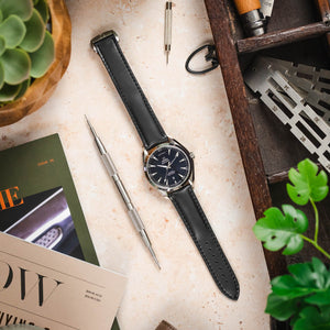 RIOS1931 - ENGINEER Calf Leather Watch Strap for folding clasp  - BLACK
