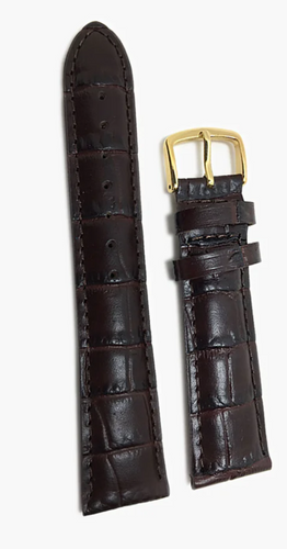 Brown leather watch strap with gold buckle on a white background