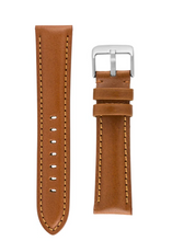 Load image into Gallery viewer, Brown leather watch strap with silver buckle on a white background