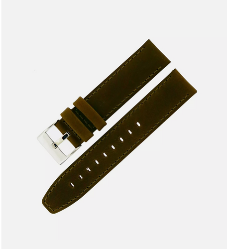 Brown watch strap with silver buckle on a white background