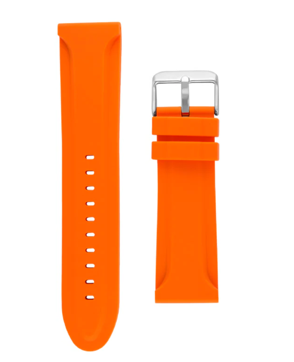 Orange watch strap with silver buckle on a white background