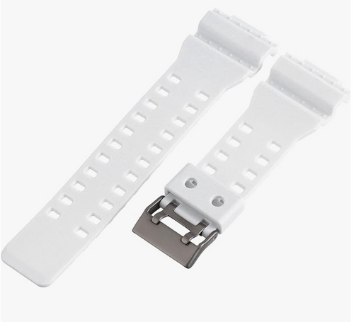 White Casio G shock watch strap with metal buckle on a white background