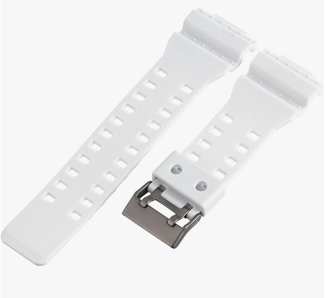 White Casio G shock watch strap with metal buckle on a white background