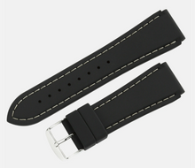 Load image into Gallery viewer, Black silicone watch strap with silver buckle on a white background