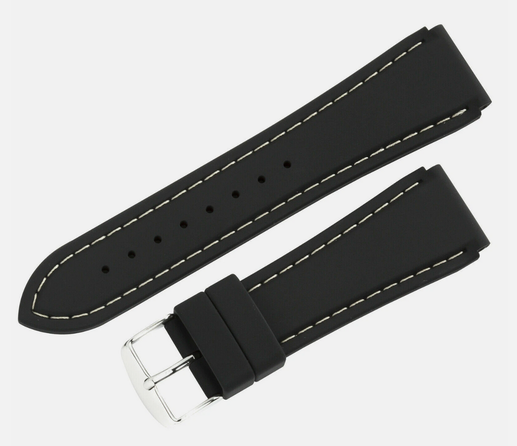 Black silicone watch strap with silver buckle on a white background