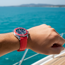 Load image into Gallery viewer, Rubber watch Strap and folding clasp to fit Omega Seamaster Aqua Terra 150/300 Series RED with stitching - Pewter &amp; Black