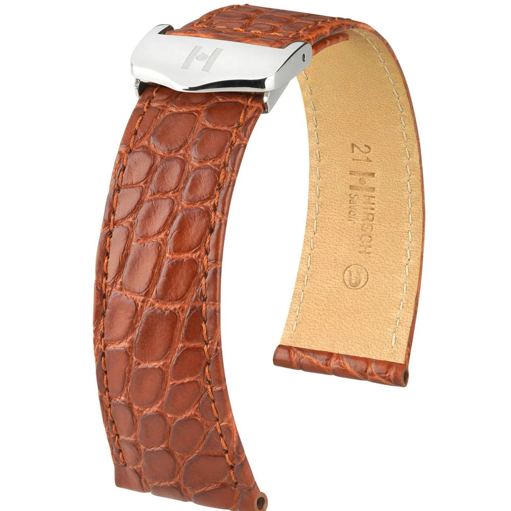 Hirsch SAVOIR Alligator Double Fold Deployment Watch Strap in MATT GOLD BROWN