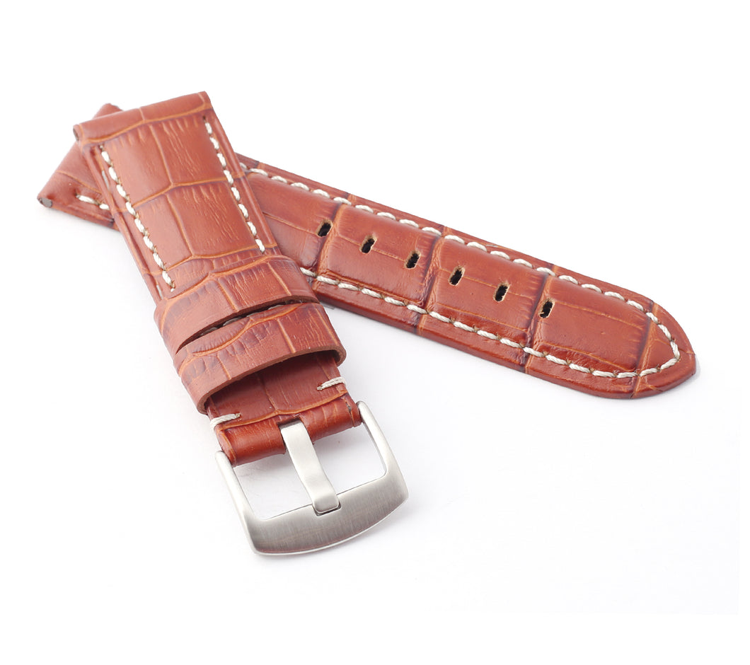 Firenze Alligator embossed Leather Watch Strap for Tang - MID BROWN / WHITE