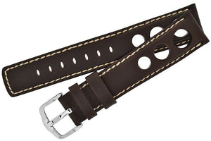 Hirsch RALLY Genuine Leather Perforated Watch Strap Band Racing BROWN 20 MM - Pewter & Black