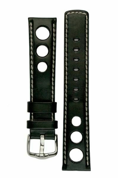 Hirsch RALLY vintage F1 Racing style Leather Watch Strap in BROWN 18MM - Pewter & Black