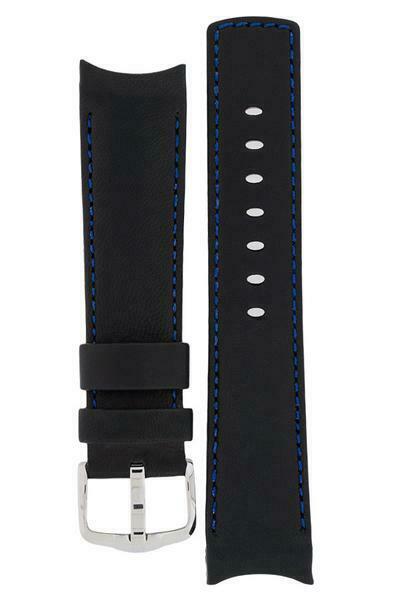 Hirsch MEDICI CURVED ENDED Leather Watch Strap in BLACK/BLUE  18mm - Pewter & Black