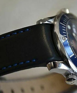 Hirsch MEDICI CURVED ENDED Leather Watch Strap in BLACK/BLUE  18mm - Pewter & Black