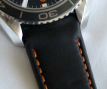 Load image into Gallery viewer, Hirsch MEDICI CURVE ENDED Leather Watch Strap in BLACK/ORANGE  18mm - Pewter &amp; Black