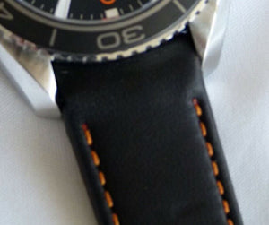 Hirsch MEDICI CURVE ENDED Leather Watch Strap in BLACK/ORANGE  18mm - Pewter & Black