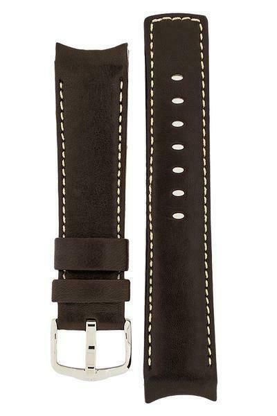 Hirsch MEDICI CURVED ENDED Leather Watch Strap in BROWN. CREAM STITCH 18mm - Pewter & Black