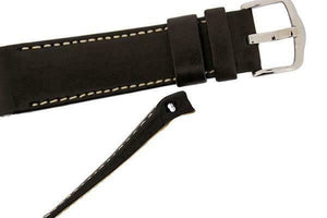 Hirsch MEDICI CURVED ENDED Leather Watch Strap in BROWN. CREAM STITCH 18mm - Pewter & Black