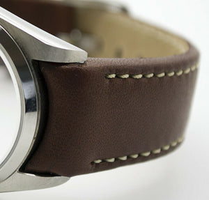 Hirsch MEDICI CURVED ENDED Leather Watch Strap in BROWN. CREAM STITCH 18mm - Pewter & Black