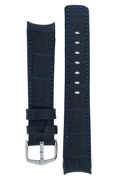 Hirsch leonardo PRINCIPAL Curved Leather Watch Strap ALLIGATOR GRAIN BLUE 18mm - Pewter & Black