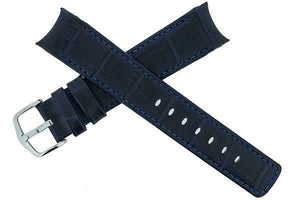 Hirsch leonardo PRINCIPAL Curved Leather Watch Strap ALLIGATOR GRAIN BLUE 18mm - Pewter & Black