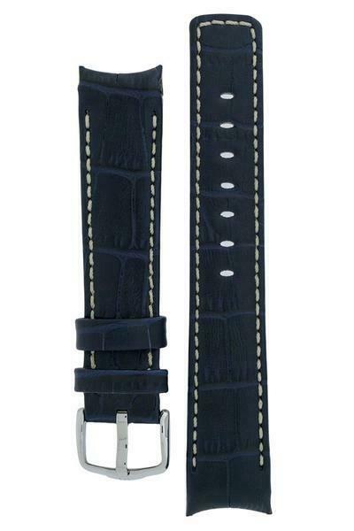 Hirsch PRINCIPAL Curved End Leather watch Strap BLUE & WHITE STITCH 18MM - Pewter & Black