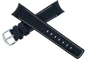 Hirsch PRINCIPAL Curved End Leather watch Strap BLUE & WHITE STITCH 18MM - Pewter & Black