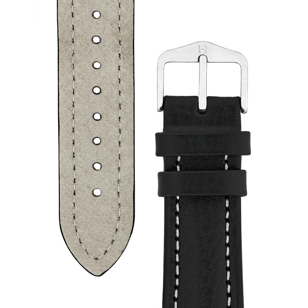 BUFFALO TEXTURED Leather Watch Strap in BLACK WITH WHITE STITCH 18MM LONG - Pewter & Black