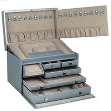 Load image into Gallery viewer, Wolf 1834 LONDON Large Luxury Leather Jewellery Box &amp; travel cases   - Ice Blue - Pewter &amp; Black