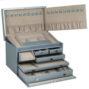 Wolf 1834 LONDON Large Luxury Leather Jewellery Box & travel cases   - Ice Blue - Pewter & Black