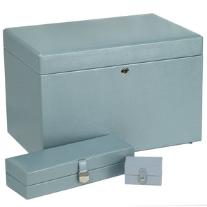 Wolf 1834 LONDON Large Luxury Leather Jewellery Box & travel cases   - Ice Blue - Pewter & Black