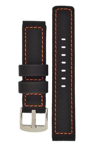 Waterproof PU Ballistic Watch Band Strap  BLACK  / ORANGE stitching 20, 22, 24mm - Pewter & Black