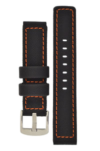 Waterproof PU Ballistic Watch Band Strap  BLACK  / ORANGE stitching 20, 22, 24mm