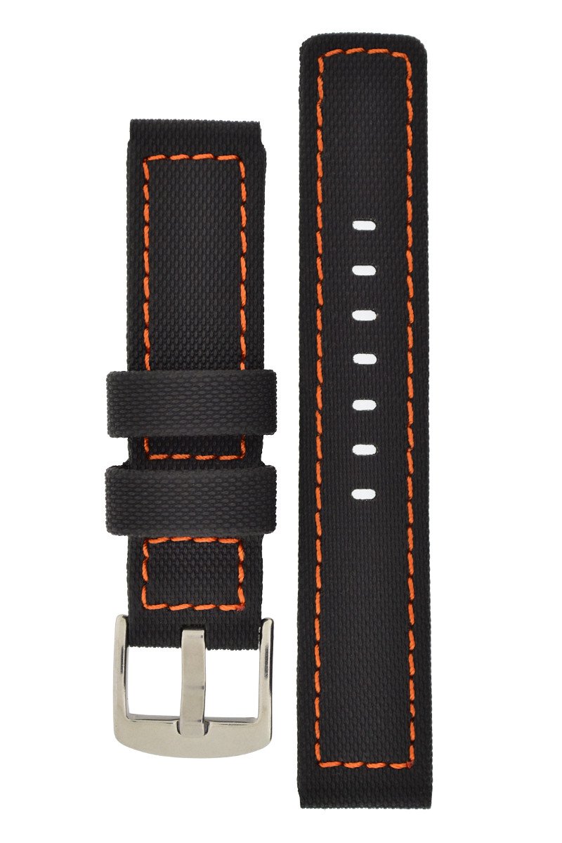 Waterproof PU Ballistic Watch Band Strap  BLACK  / ORANGE stitching 20, 22, 24mm - Pewter & Black