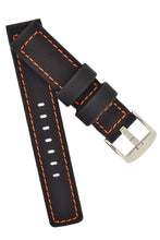 Load image into Gallery viewer, Waterproof PU Ballistic Watch Band Strap  BLACK  / ORANGE stitching 20, 22, 24mm - Pewter &amp; Black