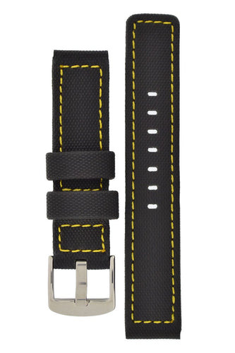 PU Ballistic Watch Band Waterproof Dive strap - BLACK / YELLOW stitch - Pewter & Black