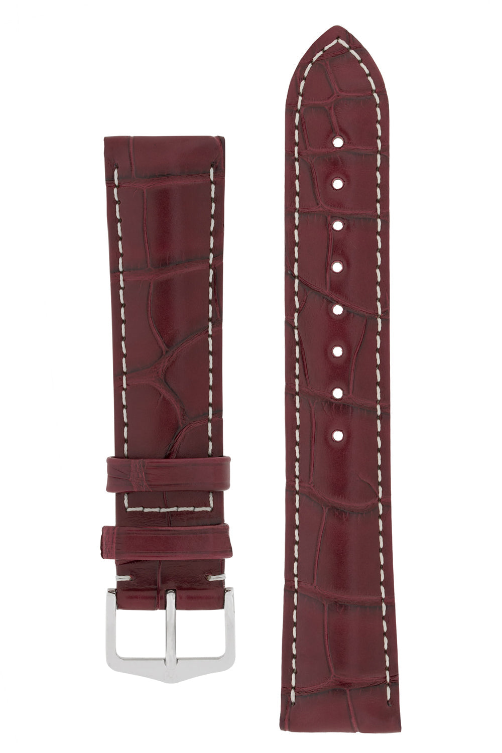 Hirsch Connoisseur Genuine Alligator Watch Strap in Burgundy (with Polished Silver Steel H-Tradition Buckle)