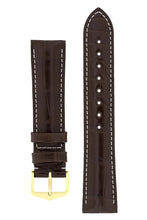 Load image into Gallery viewer, Hirsch Connoisseur Genuine Alligator Watch Strap in Dark Brown (with Polished Gold Steel H-Tradition Buckle)