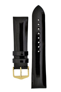 Hirsch Diva Glossy Lacquered Ladies Leather Watch Strap in Black (with Polished Gold Steel H-Standard Buckle)
