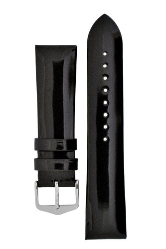 Hirsch Diva Glossy Lacquered Ladies Leather Watch Strap in Black (with Polished Silver Steel H-Standard Buckle)
